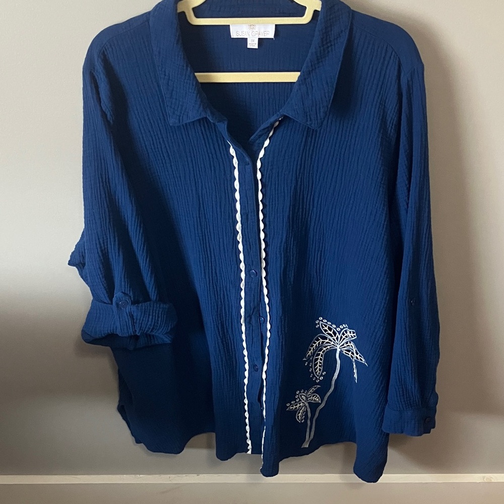 Susan Graver Navy Blouse with White Embroidery